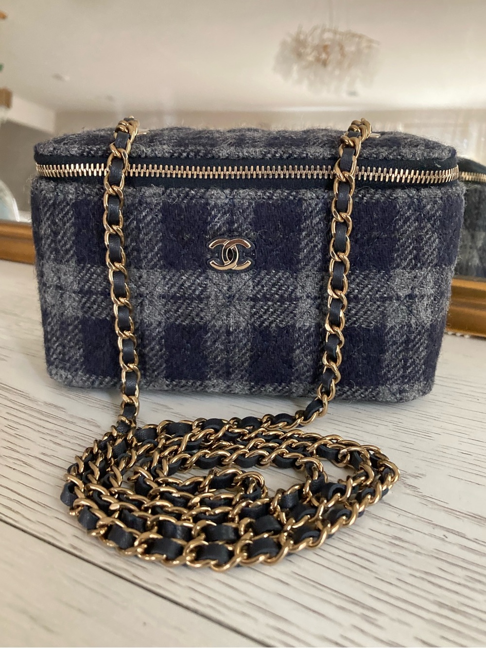 CHANEL Blue Plaid Wool Vanity Crossbody with Gold Chain